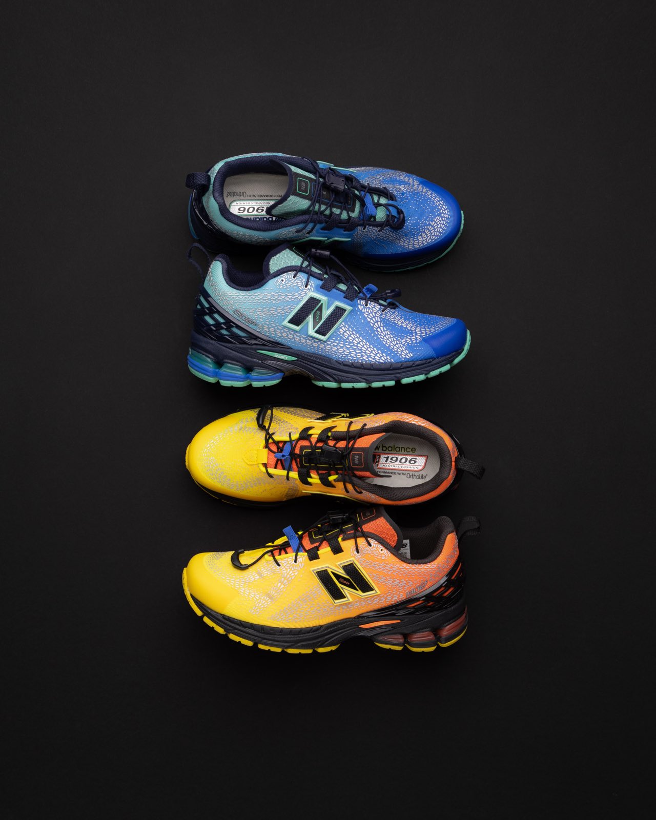 New Balance running shoes in blue and high-visibility colourways